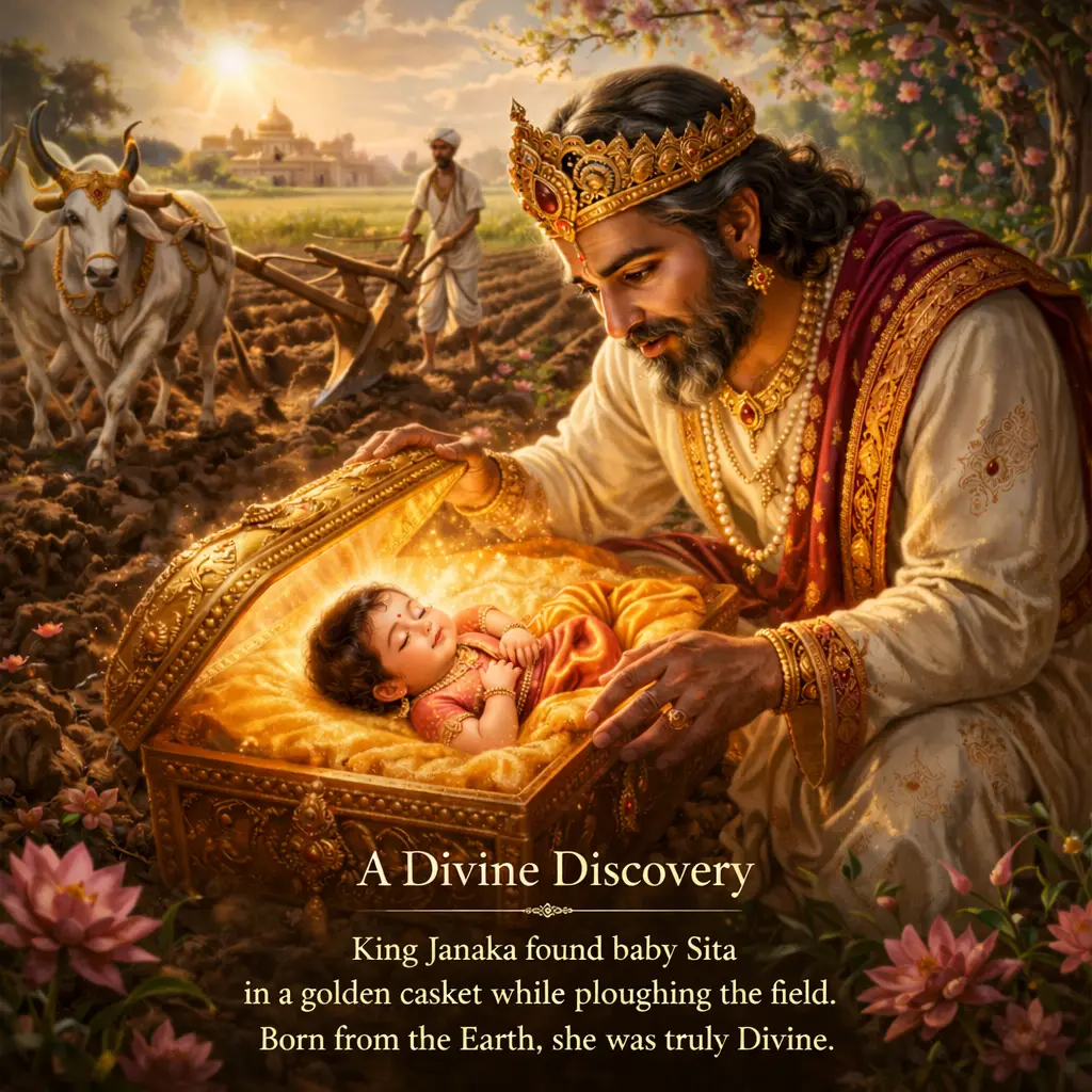 King Janaka discovering baby Sita in a glowing golden casket in a field