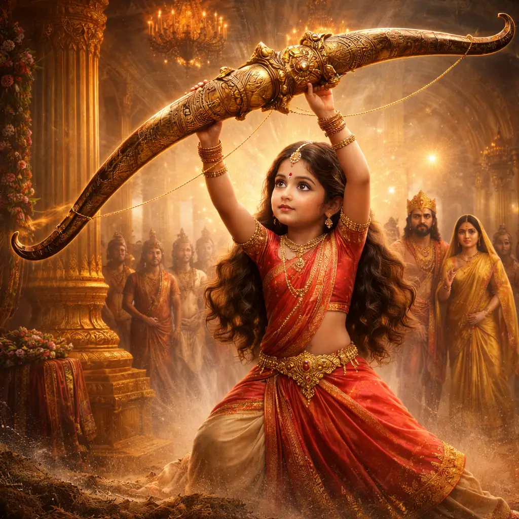 Young Sita lifting Shiva’s bow effortlessly in a royal palace surrounded by onlookers