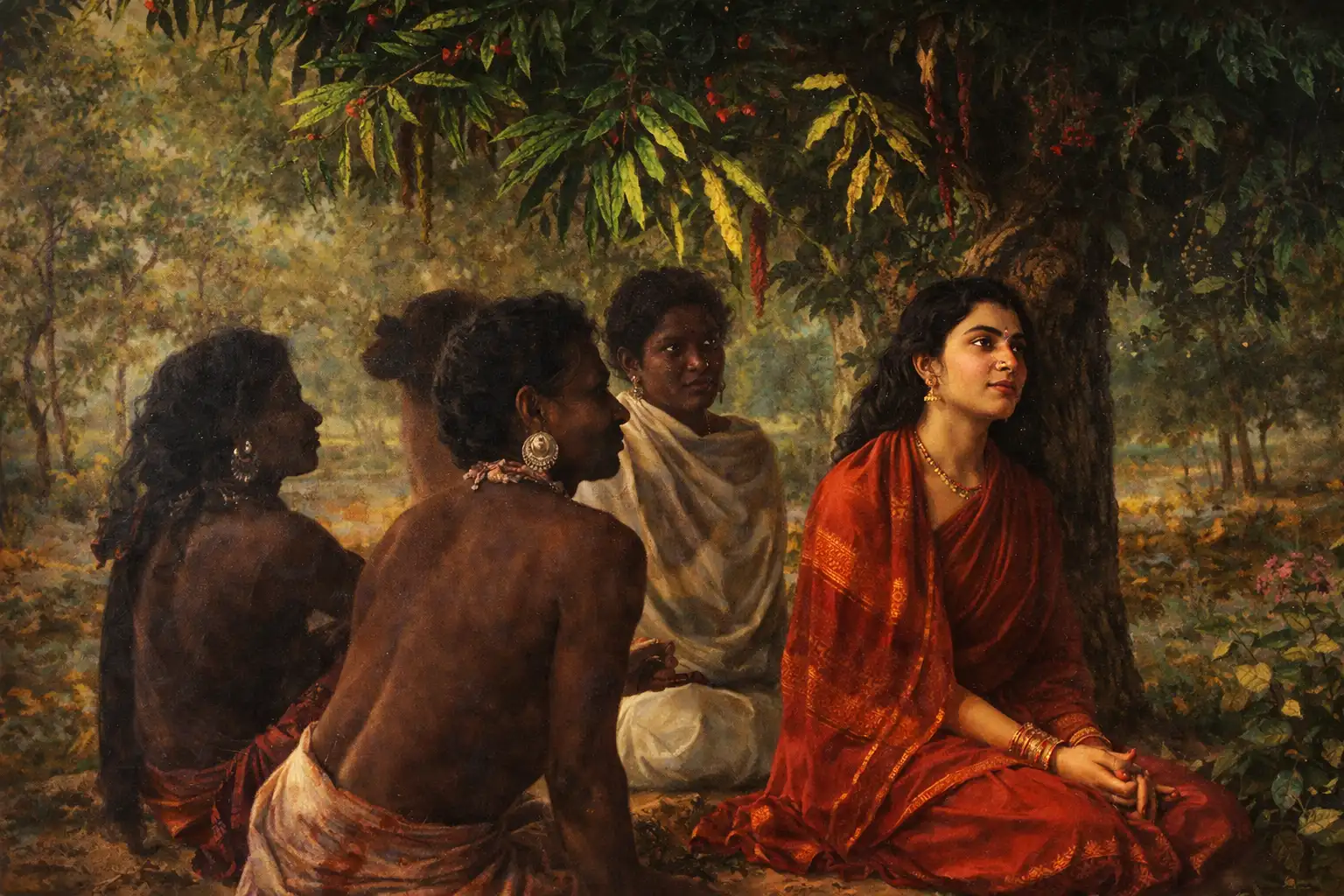 Sita seated under a tree in Ashoka Vatika surrounded by attendants in a forest setting