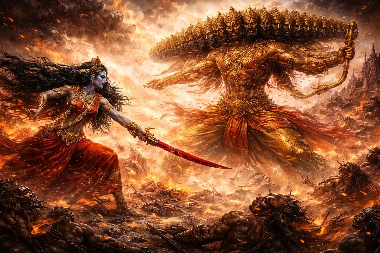 Goddess Mahakali battling a multi-headed Ravana on a fiery battlefield