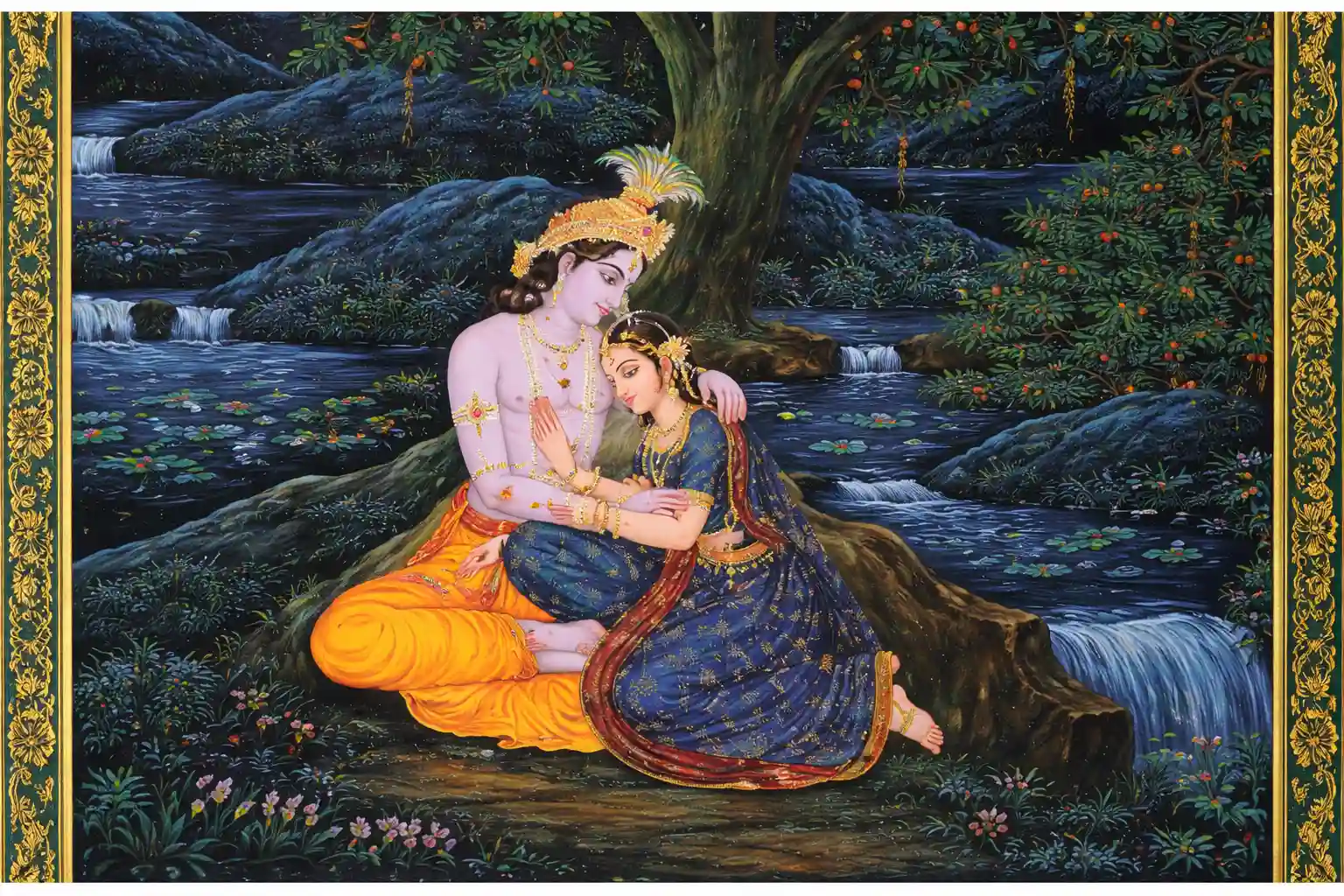 Radha Krishna sitting together in a forest, depicting divine love and intimate devotion in bhakti.