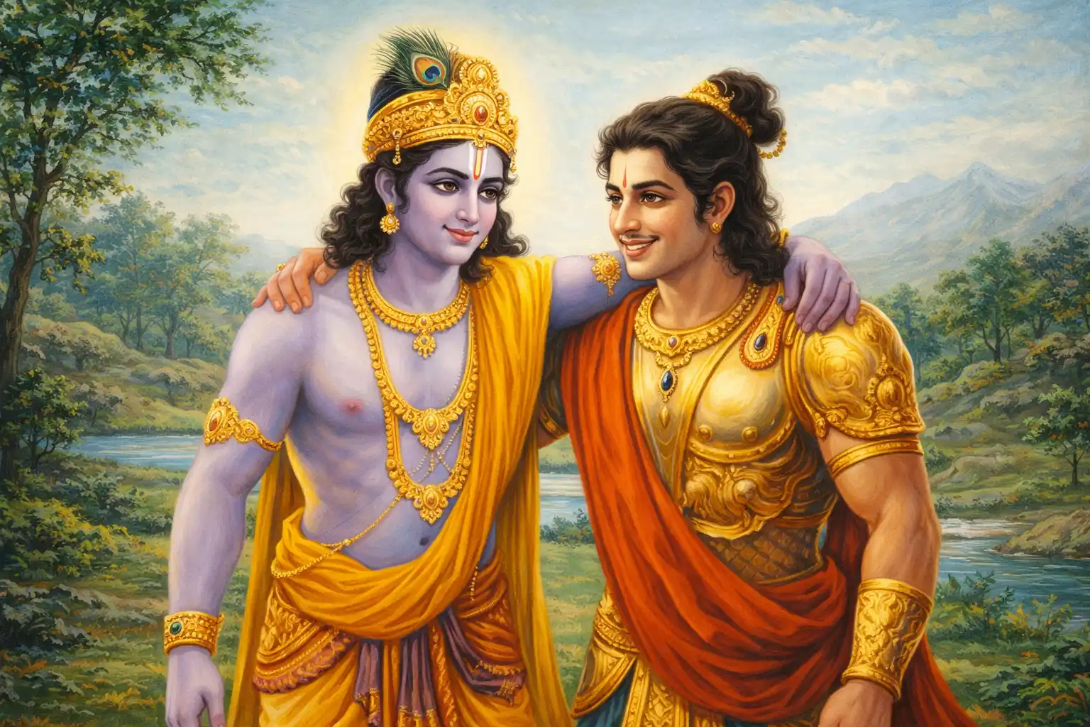 Krishna and Arjuna with arms around each other showing divine friendship and personal connection in bhakti