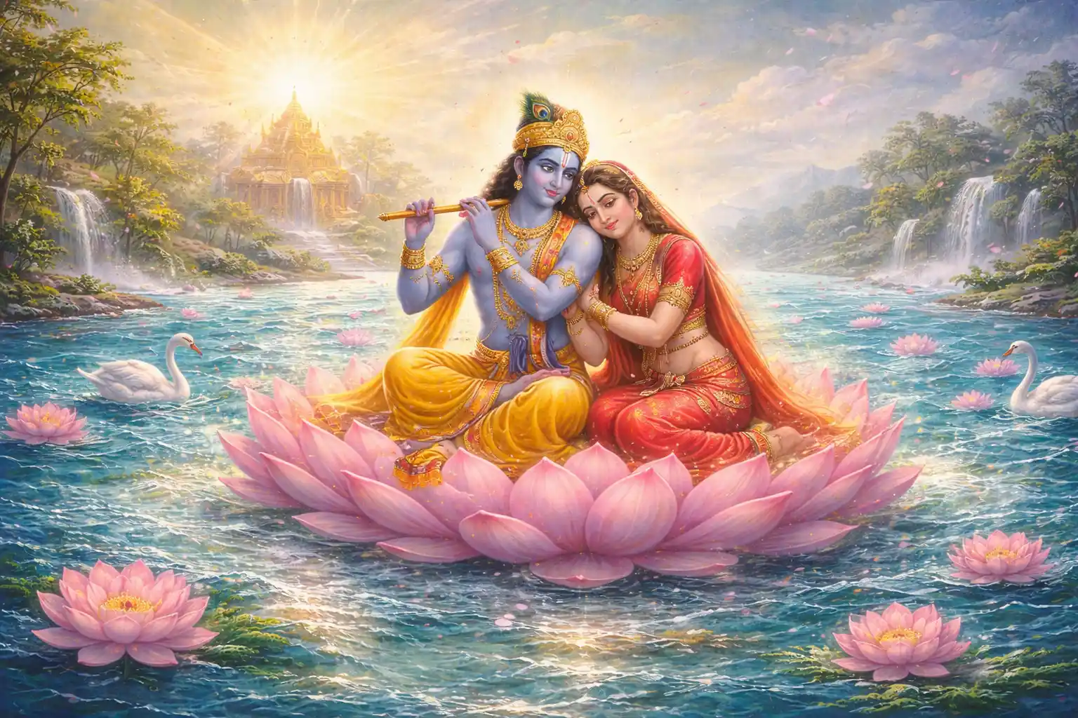 Radha Krishna on lotus in ocean symbolizing divine bliss and eternal happiness in bhakti yoga