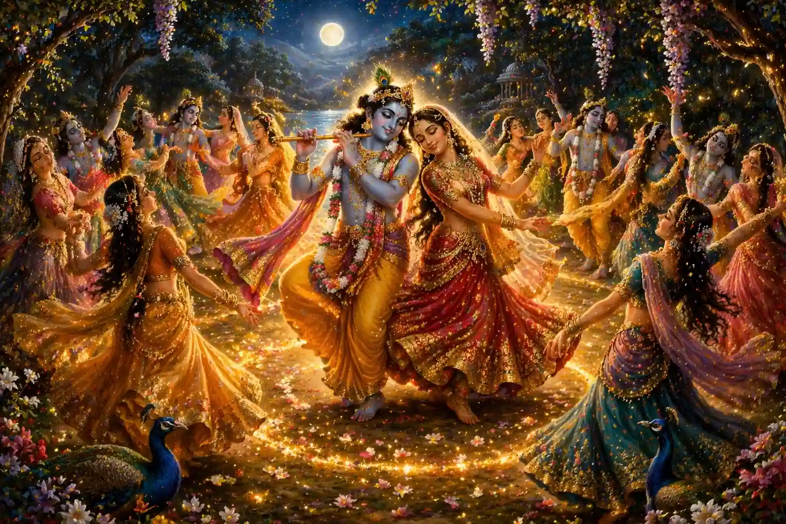 Krishna performing Maharas dance with Gopis under moonlight representing divine love and bhakti bliss