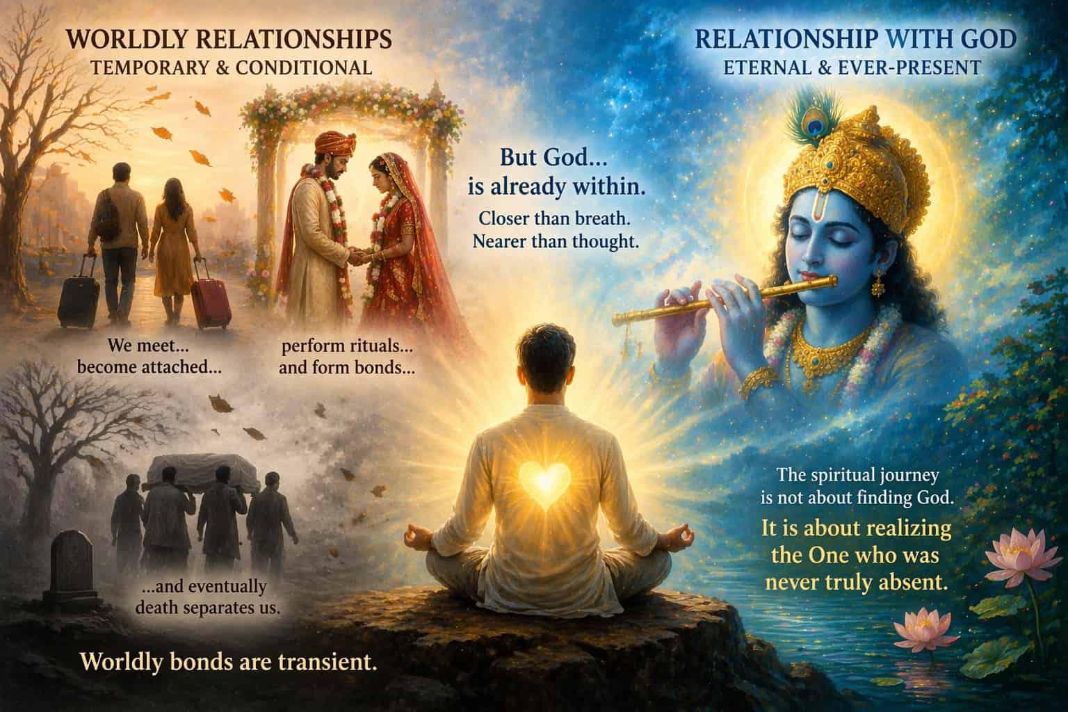 Illustration showing contrast between temporary worldly relationships and eternal connection with God within the soul