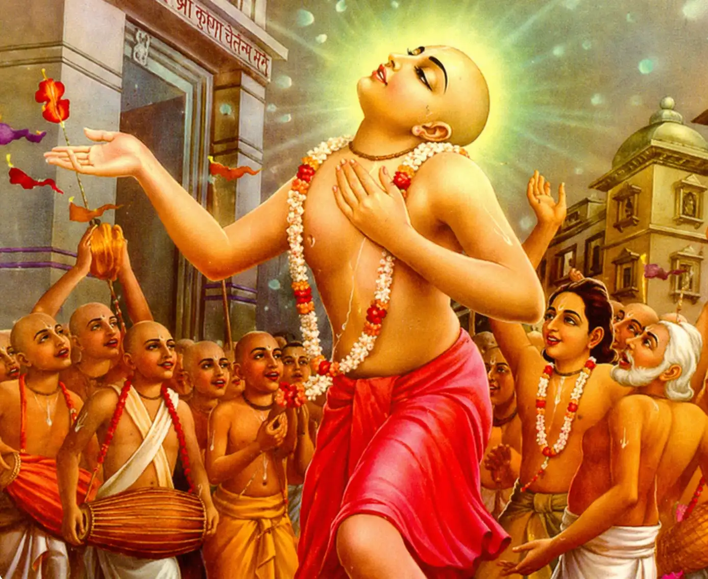 Chaitanya Mahaprabhu dancing in kirtan with devotees, expressing divine love, devotion, and spiritual ecstasy in bhakti yoga