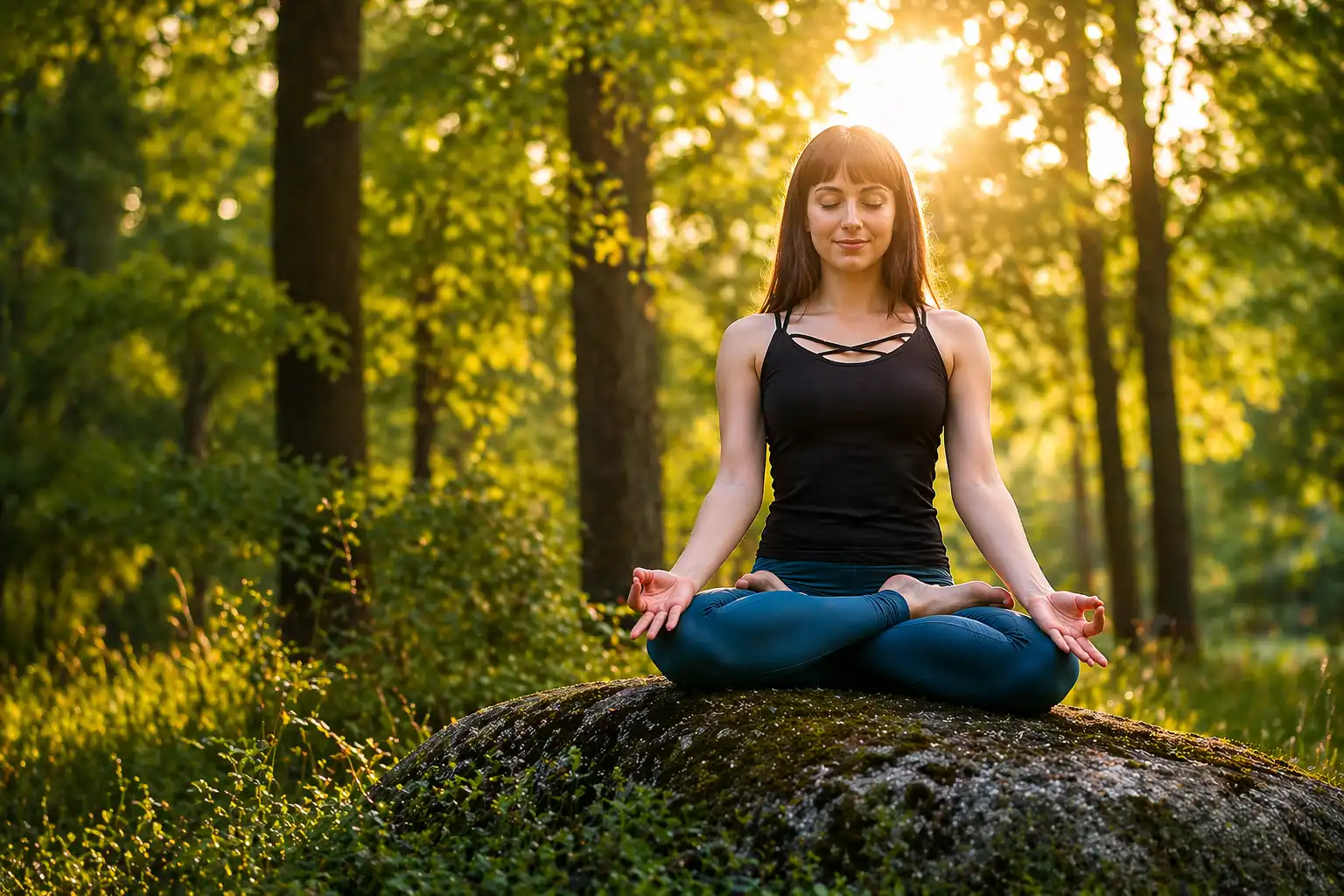 Woman meditating on a rock in a sunlit forest, representing peace and yoga practice