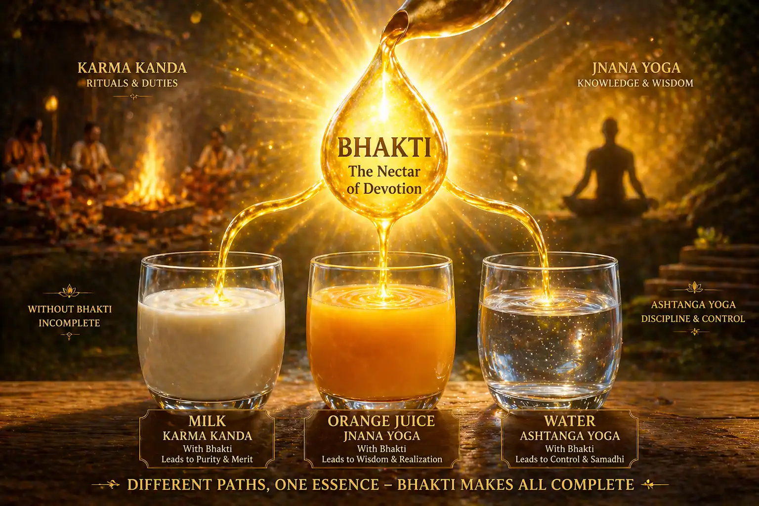 Golden nectar pouring into milk, juice, and water, symbolizing Bhakti completing all spiritual paths