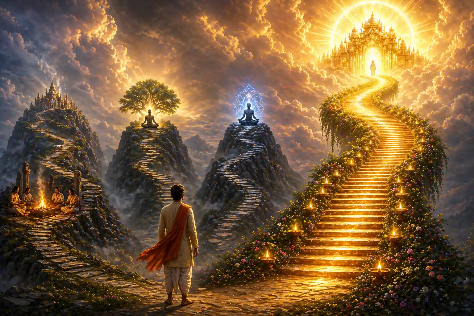 Spiritual seeker choosing glowing path of devotion among different spiritual paths leading to divine light
