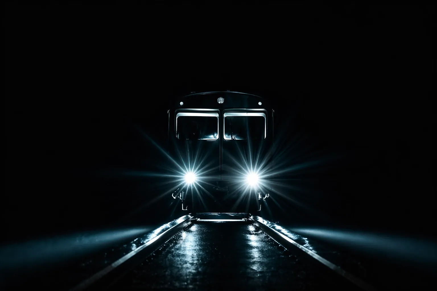 Train headlights piercing darkness, representing gradual spiritual realization and enlightenment