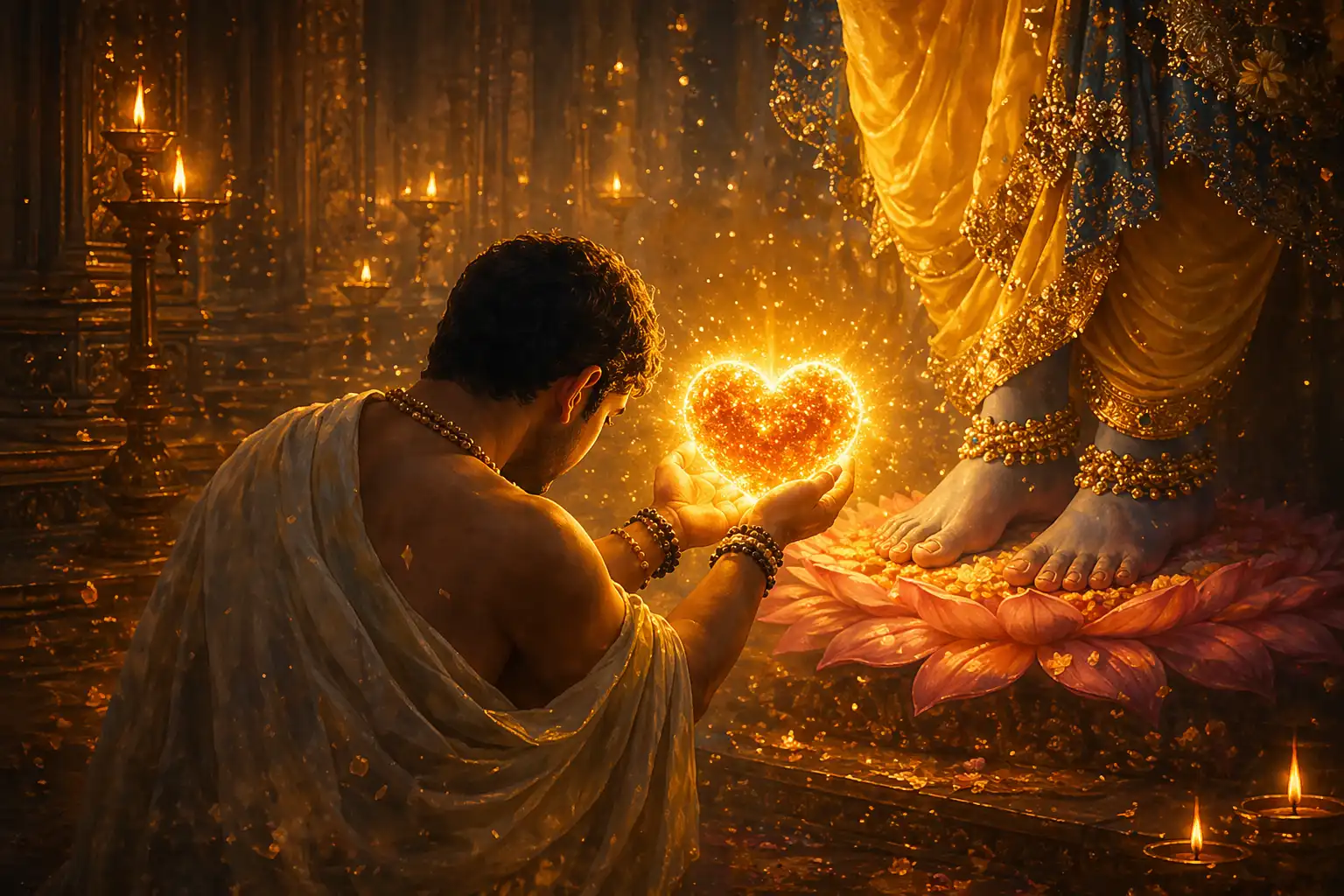 Devotee offering a glowing heart at the feet of God, symbolizing surrender and devotion