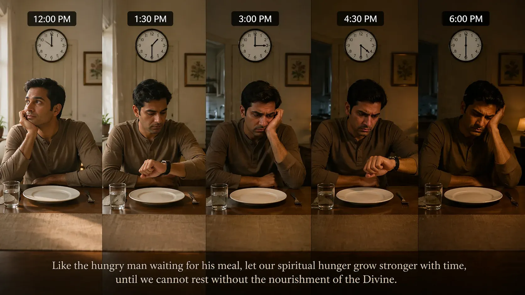A man sitting at a dining table with an empty plate, growing increasingly impatient over time, symbolizing deepening longing and spiritual hunger.