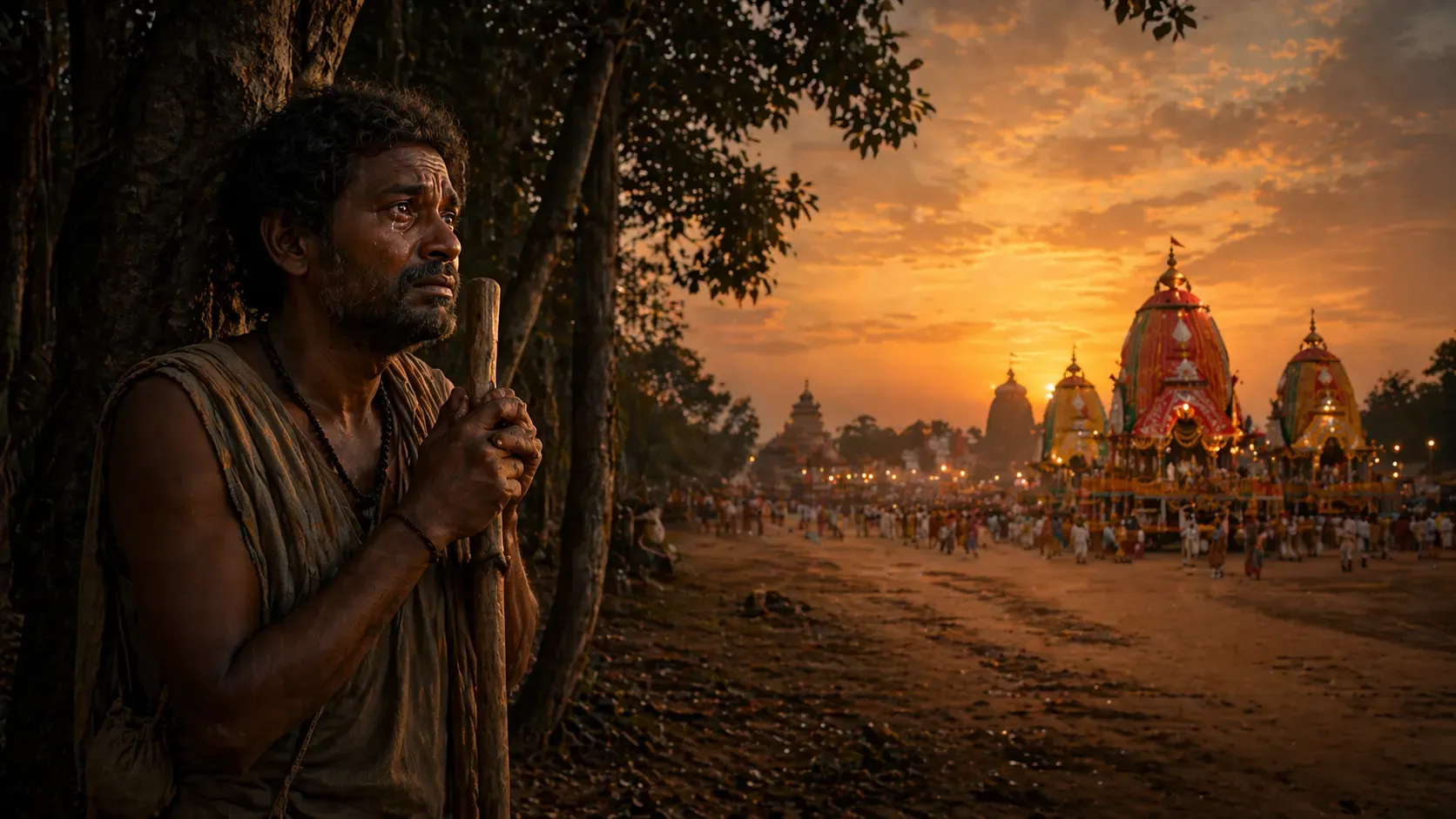 A tearful tribal man stands near trees, gazing at a distant chariot festival, symbolizing deep spiritual longing and devotion