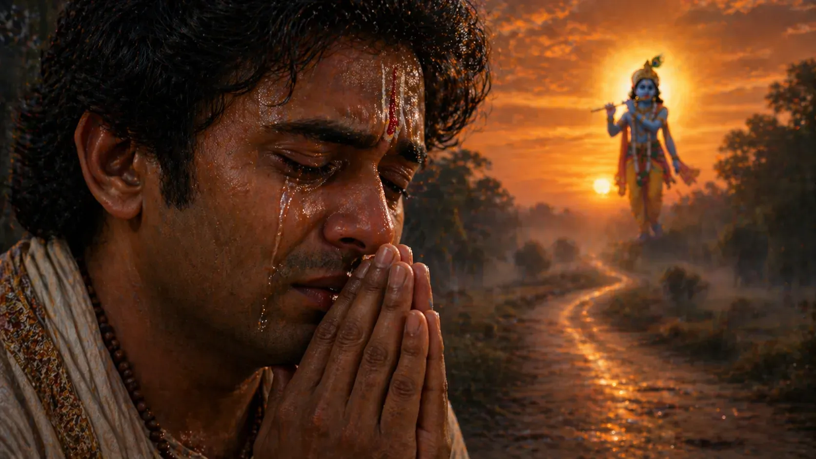 A tearful devotee praying with hands folded, with Lord Krishna appearing in the distance, symbolizing divine response to deep devotion.