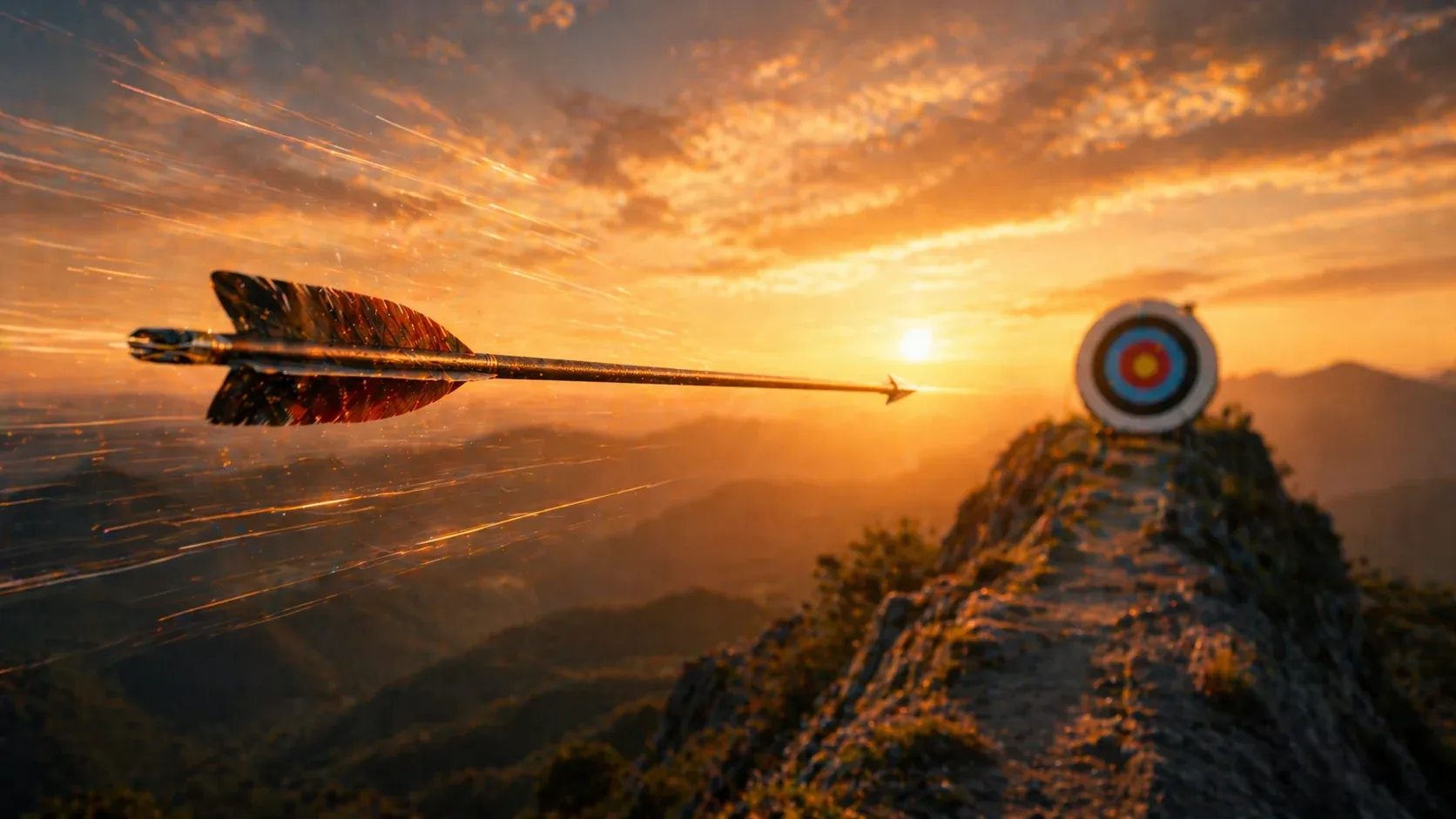 An arrow flying straight toward a target at sunset, symbolizing focused devotion and unwavering spiritual direction.
