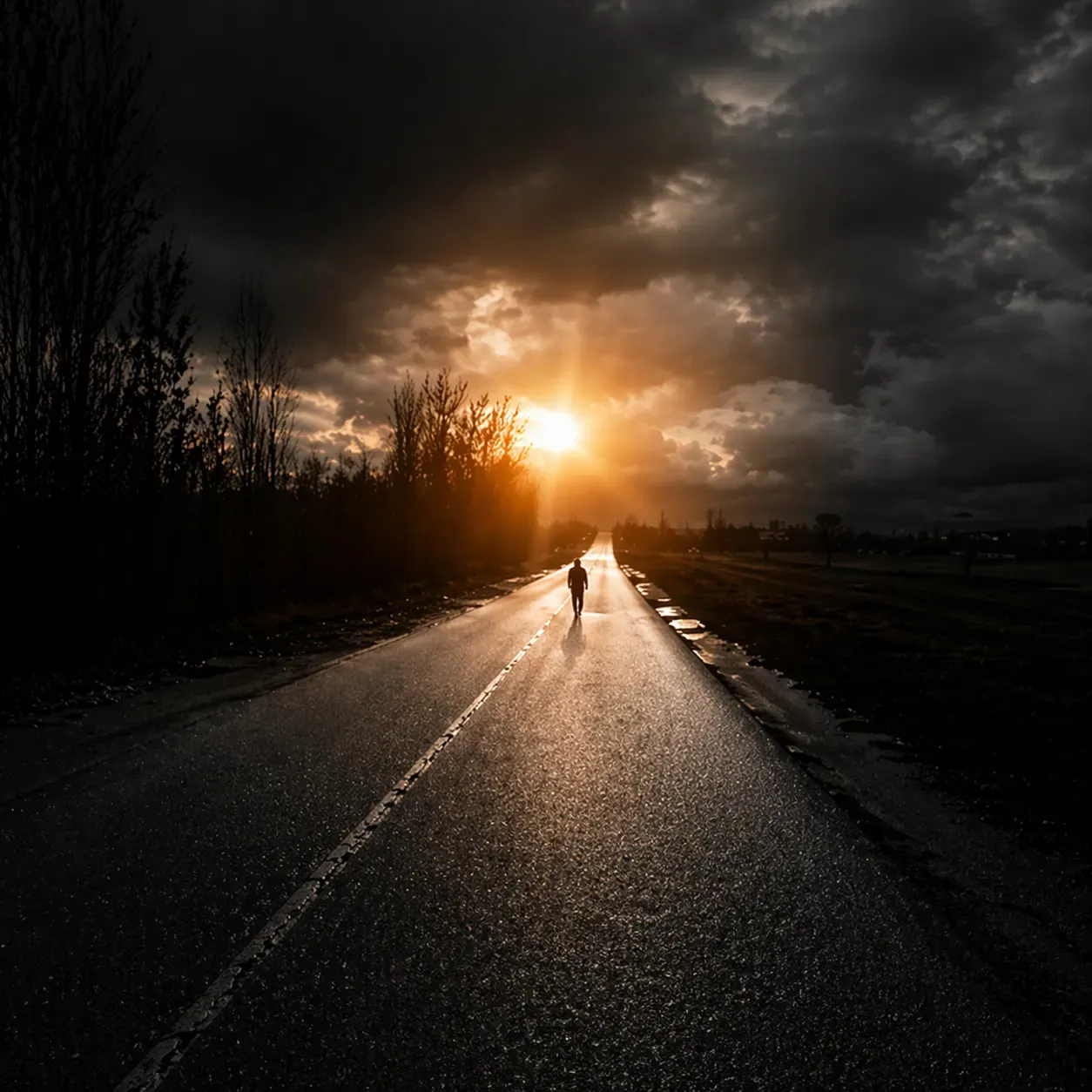 A lone figure walking on a road toward light at sunset, symbolizing faith, waiting, and spiritual journey.