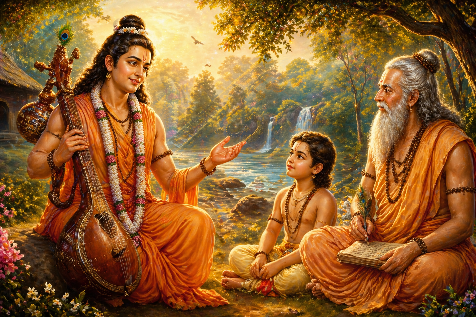 Narada Muni teaching young Dhruva and sage Valmiki in a serene forest setting, illustrating spiritual guidance, devotion, and transformation in Hindu tradition.