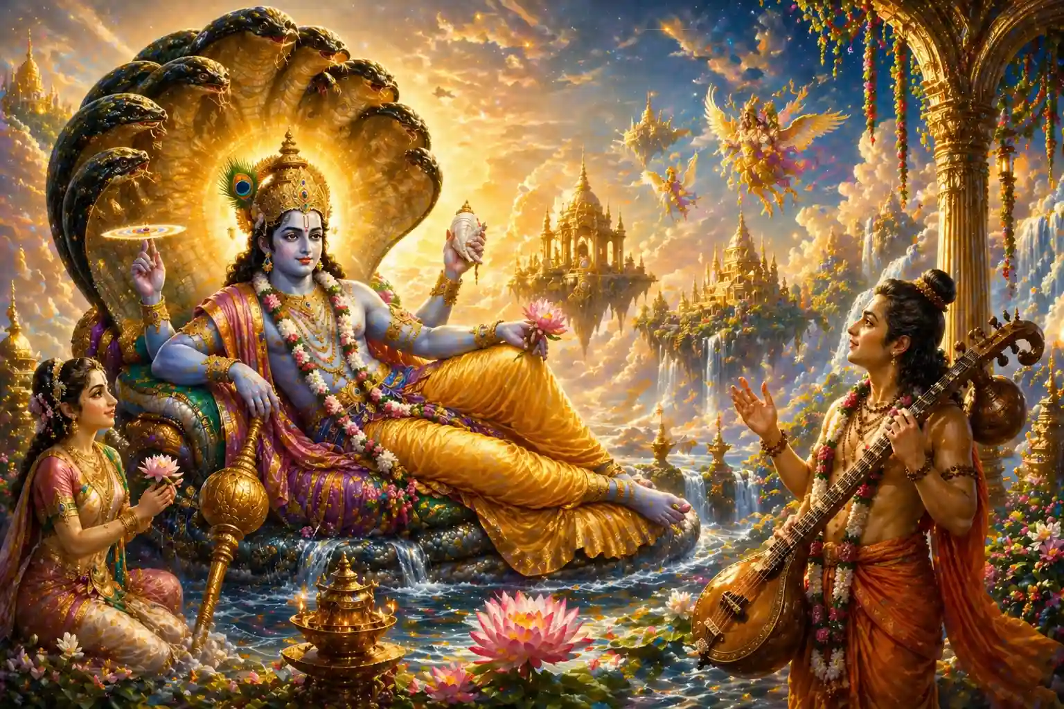 Lord Vishnu reclining on Sheshnag in Vaikuntha with Narada Muni, depicting divine devotion and spiritual connection in Hindu tradition