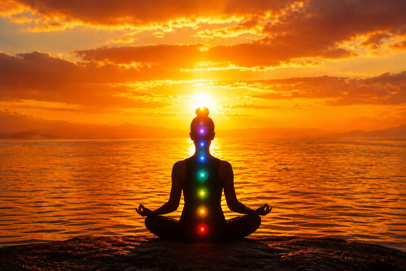 meditating silhouette at sunrise over ocean symbolizing spiritual awakening devotion inner peace and mindfulness