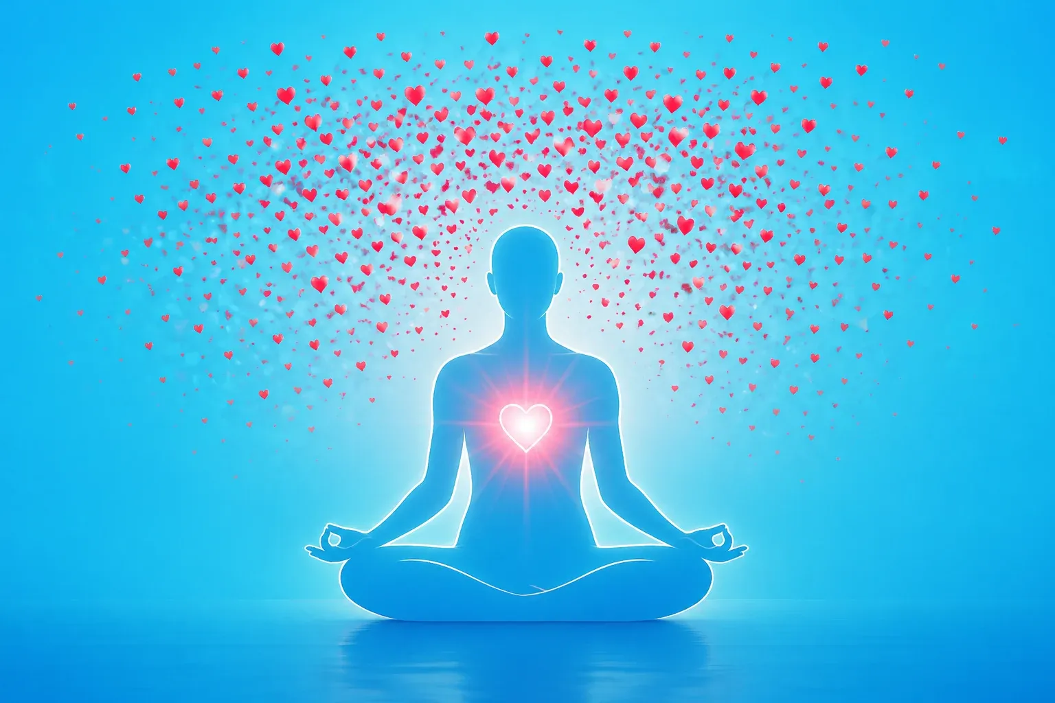 meditating figure with glowing heart and floating hearts symbolizing selfless devotion and inner spiritual connection