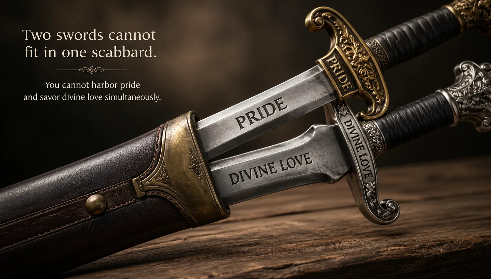 Two swords struggling to fit into a single scabbard symbolizing the conflict between ego and divine love in spiritual teachings