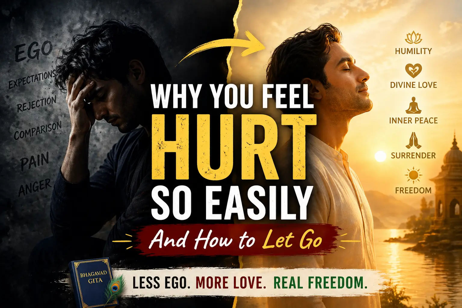 Split image showing emotional pain and ego on one side and peace, humility, and spiritual transformation on the other