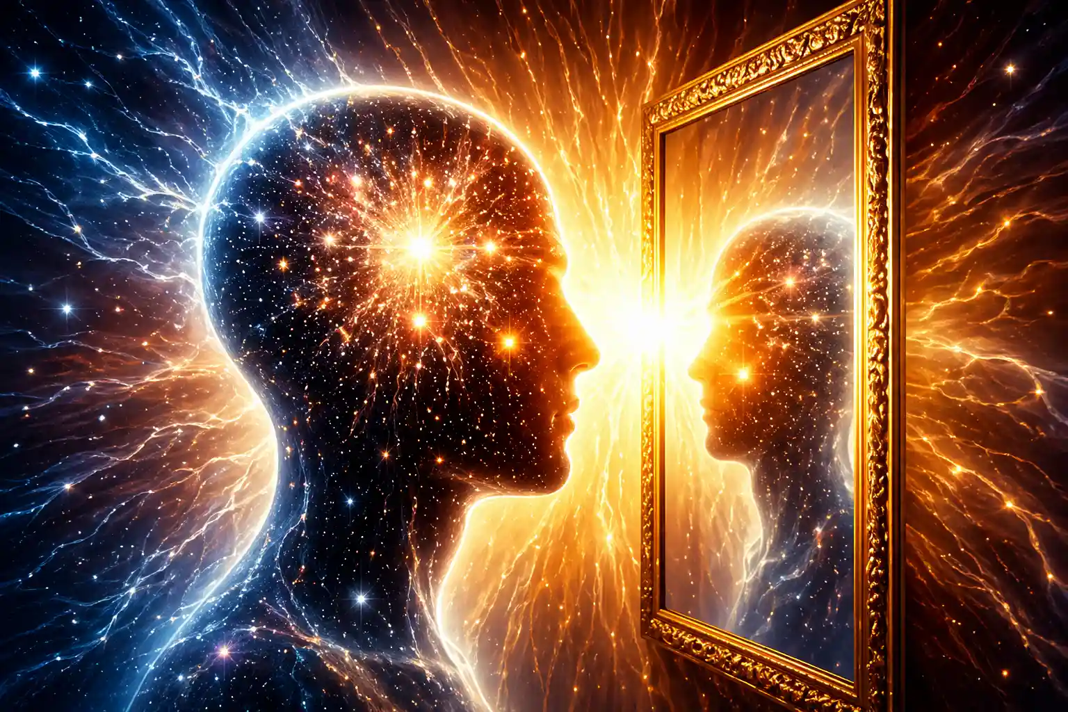 Person looking into a mirror representing ego, self-identity illusion, and inner psychological conflict