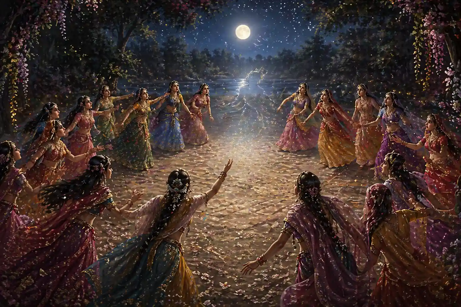 Krishna with gopis in ras leela representing divine love humility and devotion in bhakti tradition
