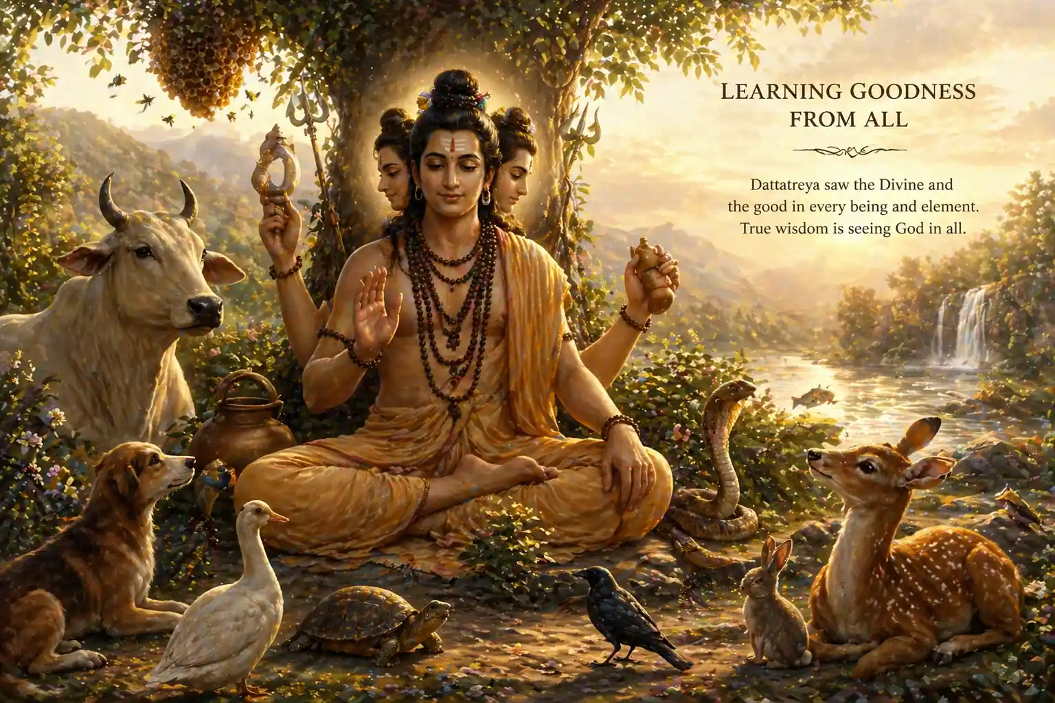 Sage Dattatreya meditating in nature surrounded by animals symbolizing learning from all beings and seeing goodness in everyone