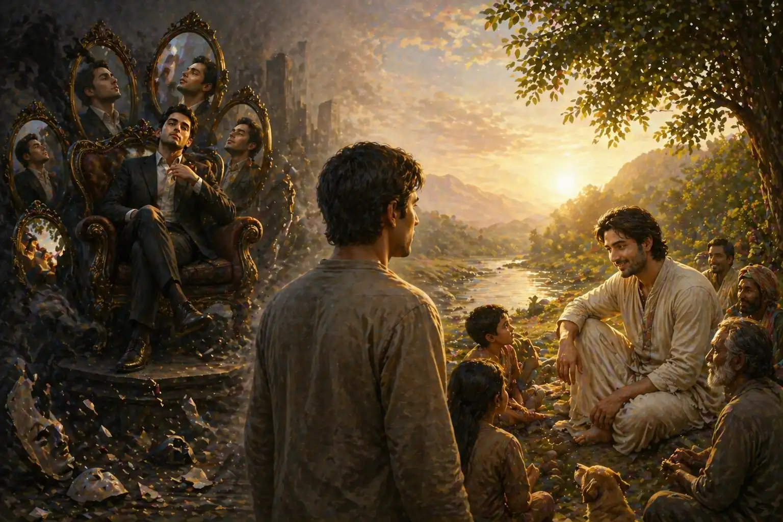 Split scene showing ego with self-centered illusion on one side and humility with compassion and connection on the other