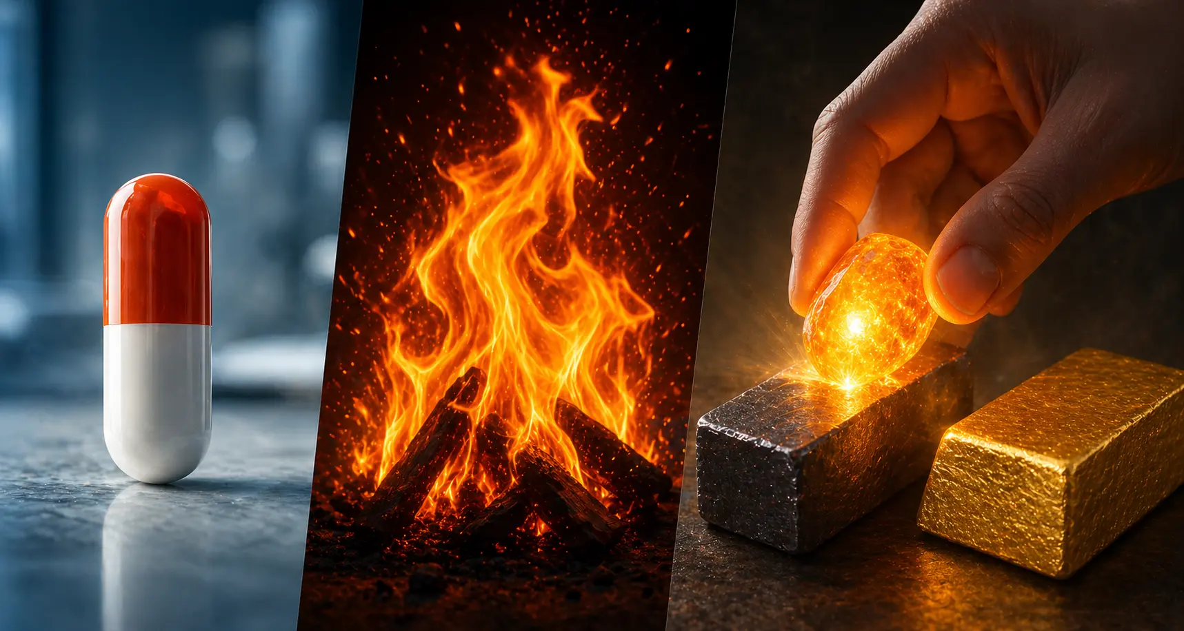 A three-part image showing a medical pill, a blazing fire, and a glowing philosopher’s stone turning iron into gold, symbolizing healing, purification, and transformation.