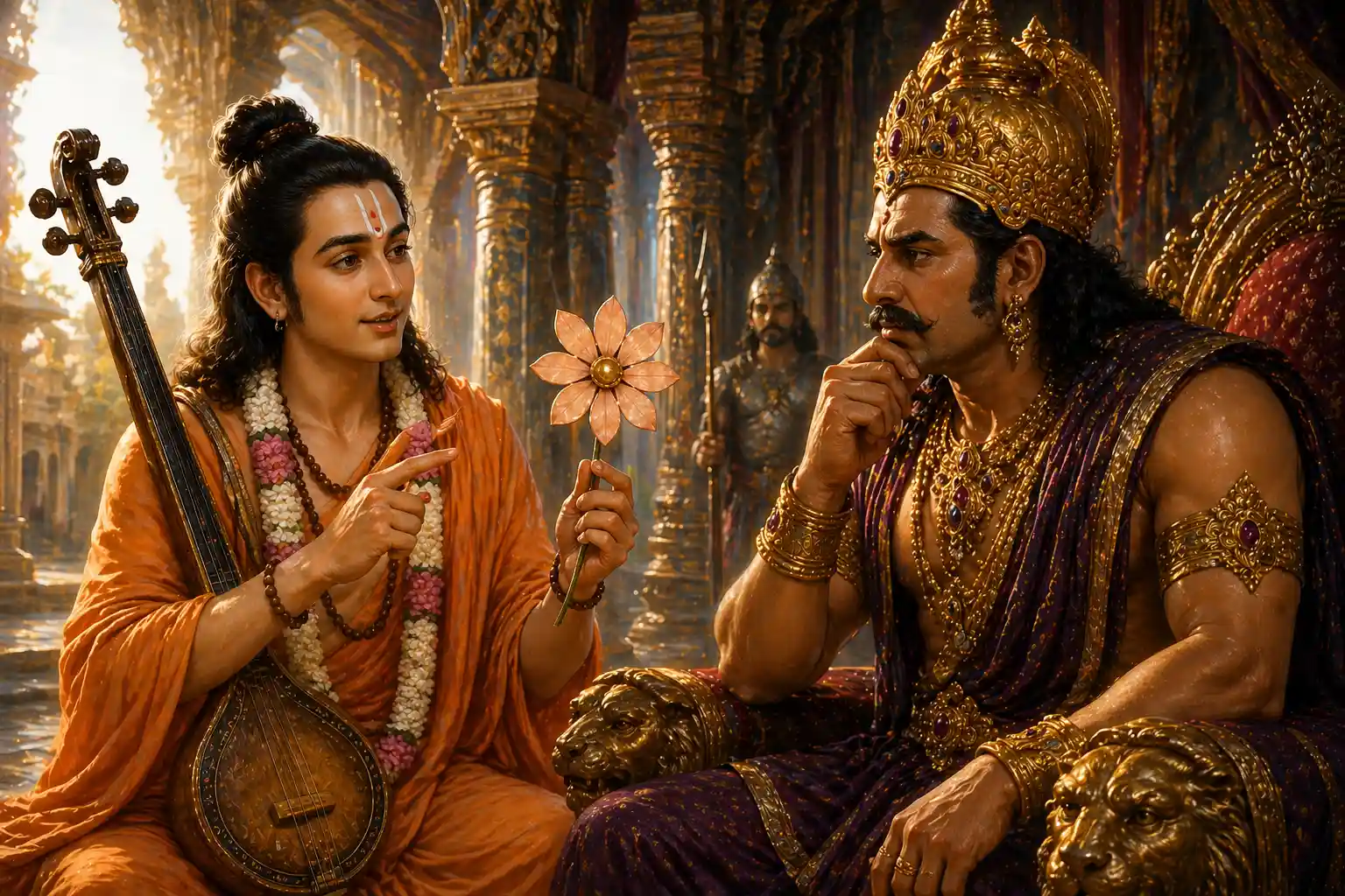 Young Sage Narad holding an eight-petaled flower while explaining its meaning to King Kansa in a royal palace setting.