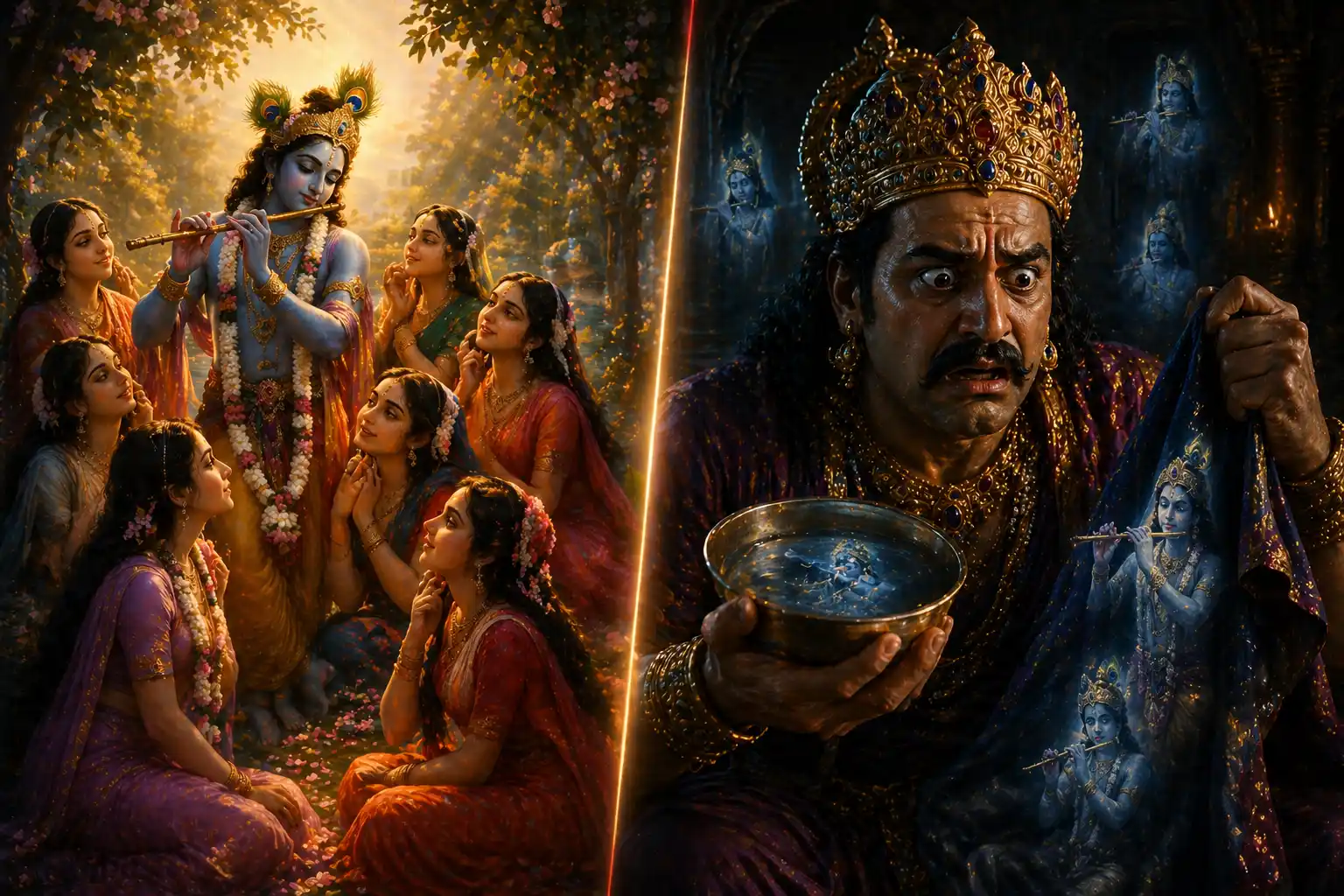 Split image showing Gopis joyfully devoted to Krishna on one side and King Kansa terrified, seeing Krishna’s form in water and clothing on the other side.