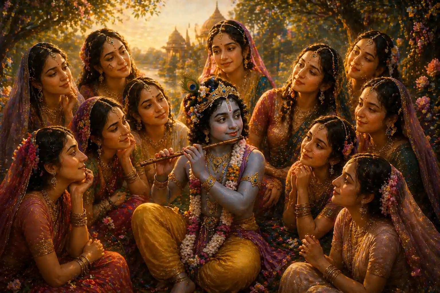 Gopis of Braj looking captivated and enchanted by young Krishna playing the flute in a serene setting.
