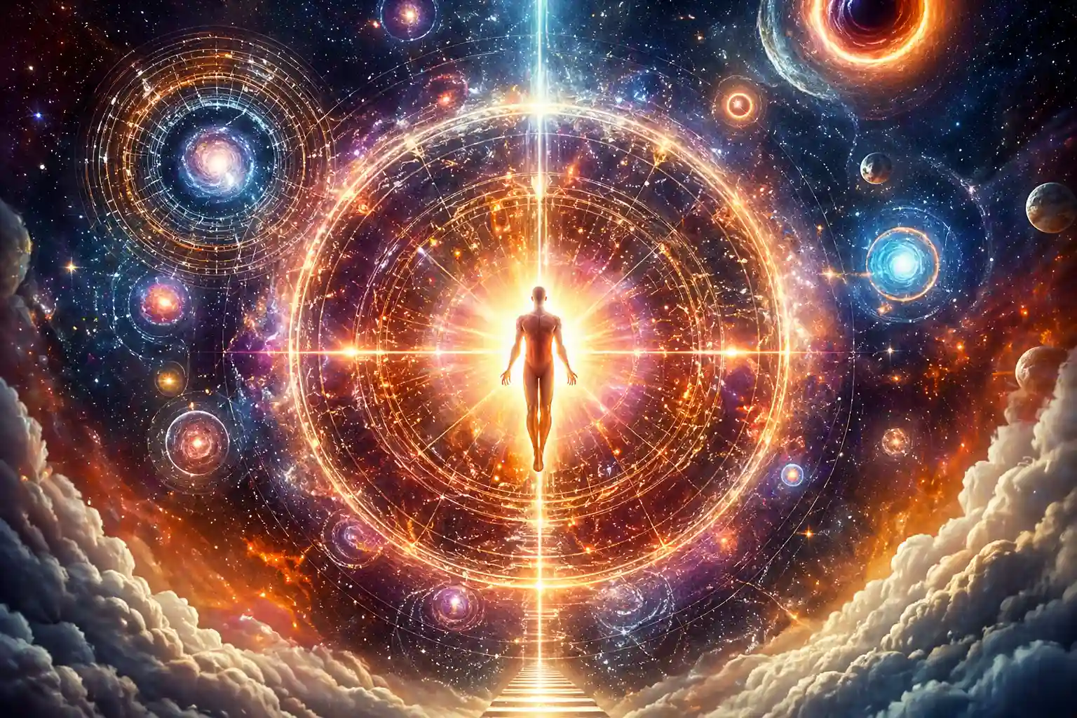 Cosmic illustration of a human figure surrounded by energy, symbolizing the mind’s connection to divine consciousness.