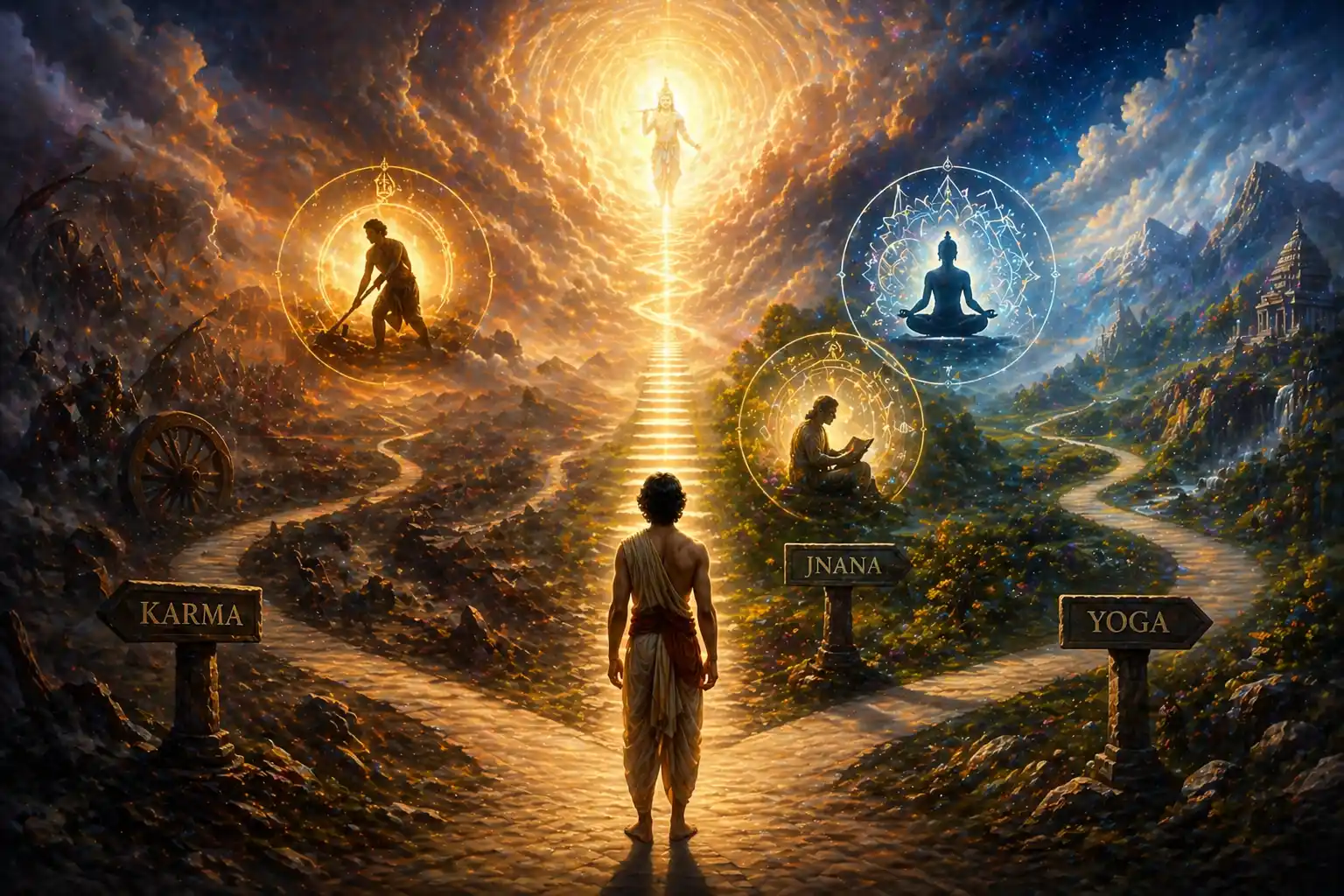 Spiritual scene of a person standing at a crossroads with paths of action, knowledge, and yoga leading toward a radiant divine light.