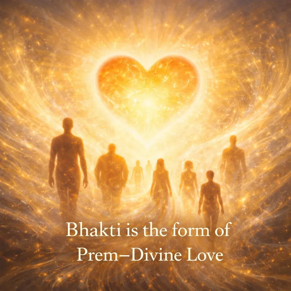  Human silhouettes merging into glowing heart symbolizing Bhakti as divine love