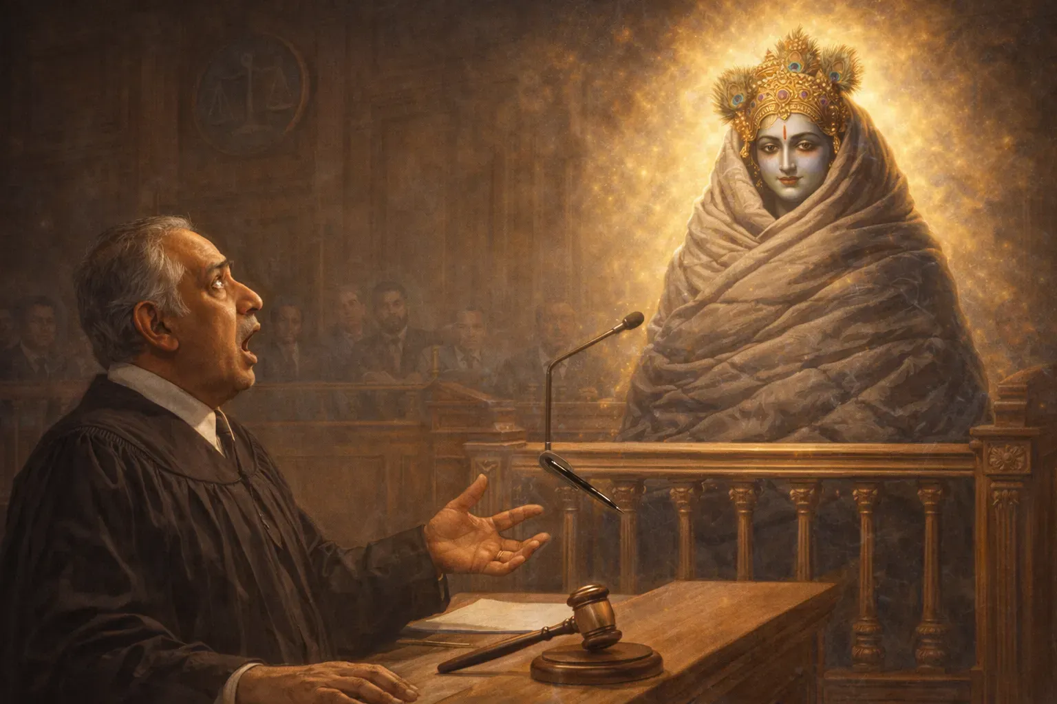 Judge shocked in courtroom as a radiant figure wrapped in a blanket stands in the witness box.