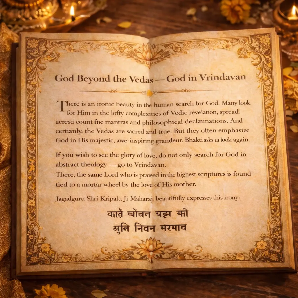  Decorative booklet page about finding God in Vrindavan beyond the Vedas