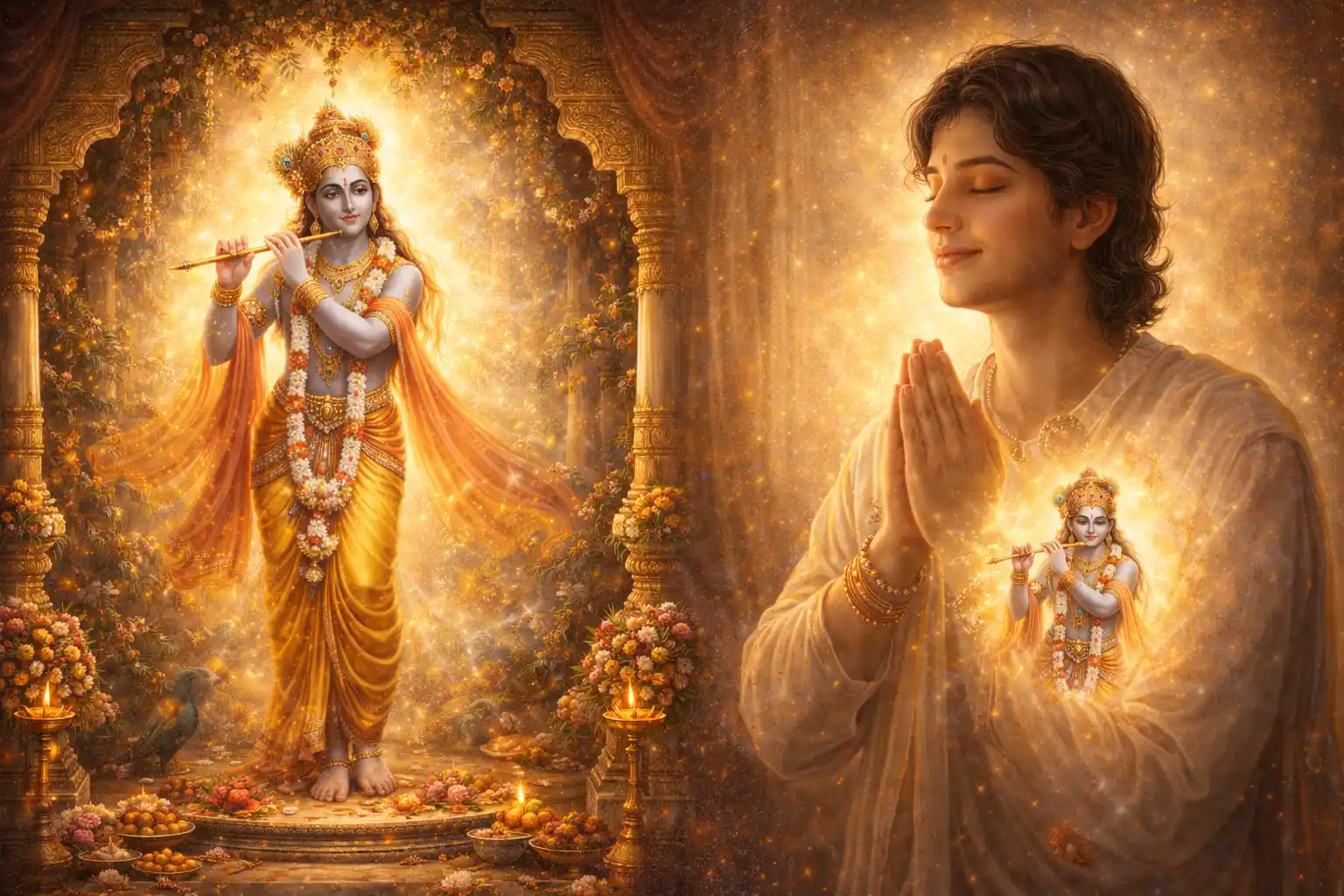  Krishna as a radiant deity and within a devotee’s glowing heart as they pray in a temple.