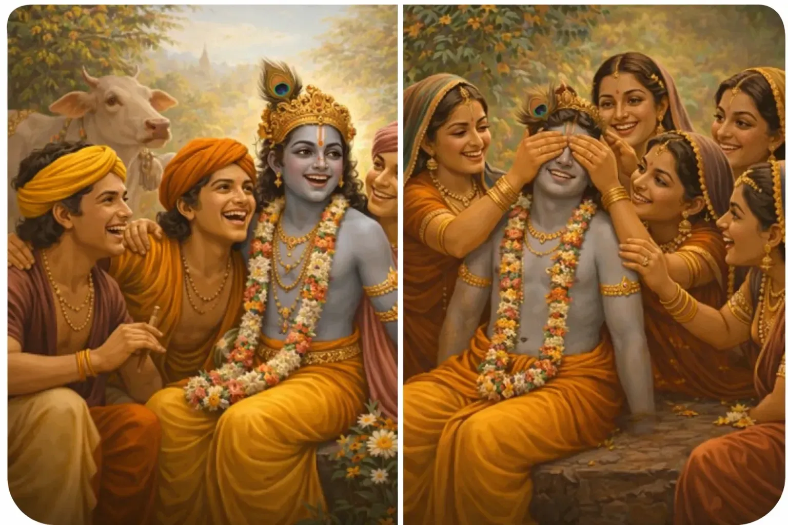 Split image of Shree Krishna laughing with cowherd friends and being playfully teased by Gopis