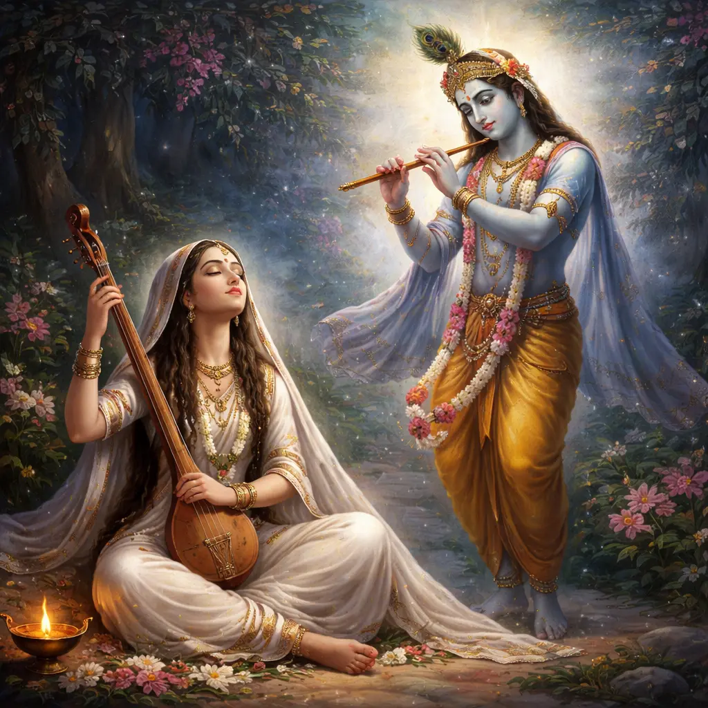 Mirabai sits in a serene garden, eyes closed in devotion while playing a tanpura, as two-armed Lord Krishna stands nearby playing his flute, bathed in soft, divine light.