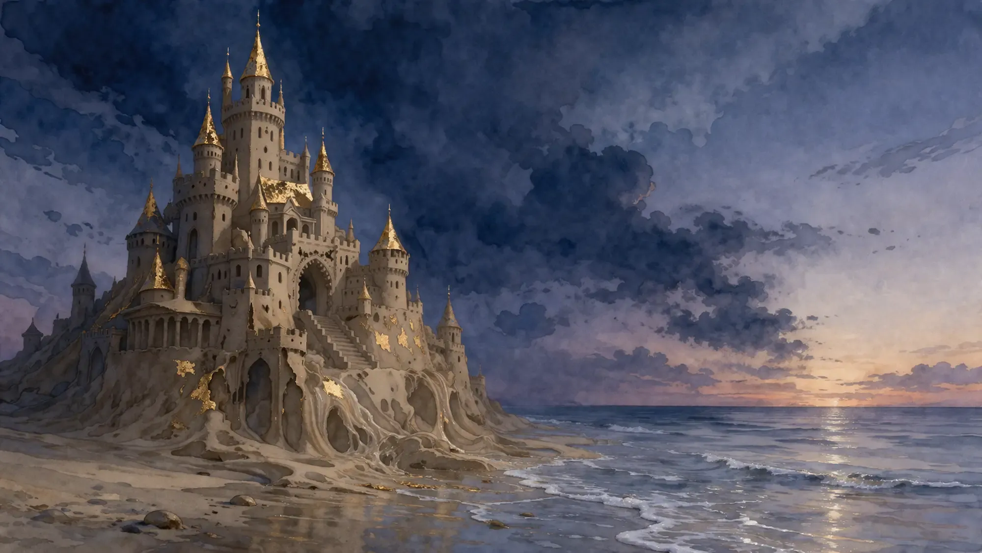 Sandcastle fortress with gold accents dissolving into the ocean at twilight.