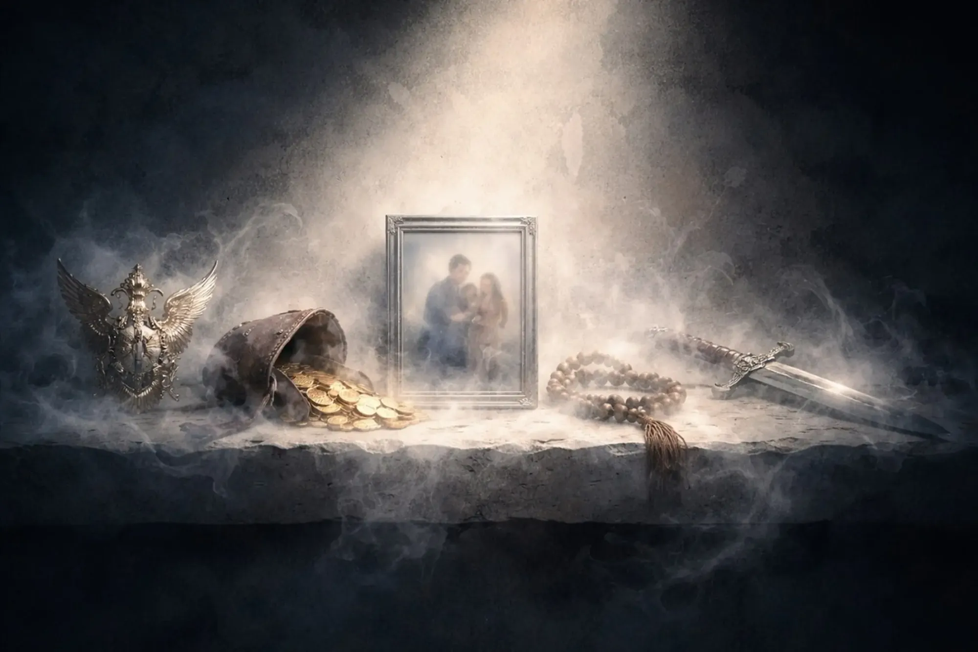Symbolic objects—crest, gold, family photo, mala, and sword—fading into mist on a stone shelf.