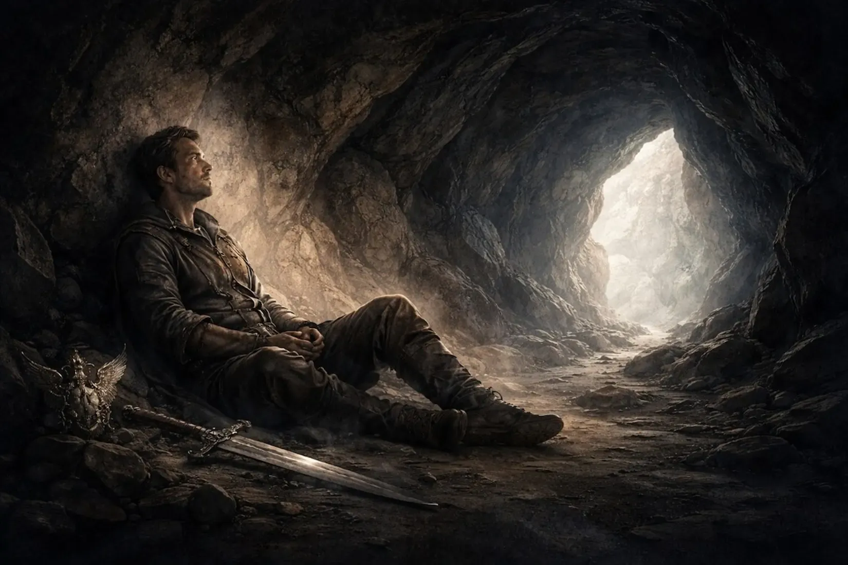 Man resting inside a dark cave beside a sword and crest, looking toward light at the entrance.