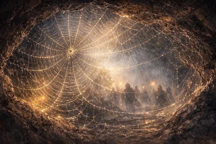 Spider web fully covering a cave entrance, glowing in golden light as soldiers pass outside.