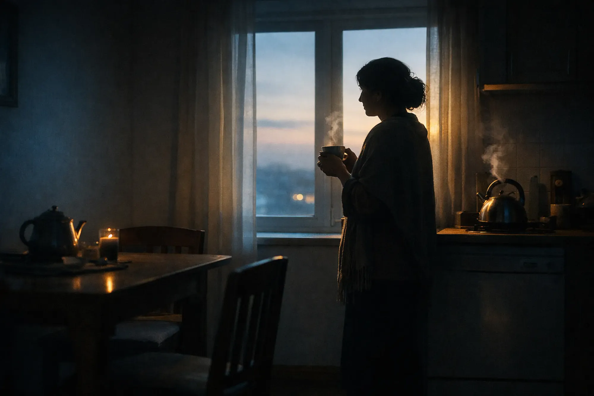 Person standing by a window at dawn holding tea in a quiet home, reflecting inner emptiness despite routine life.