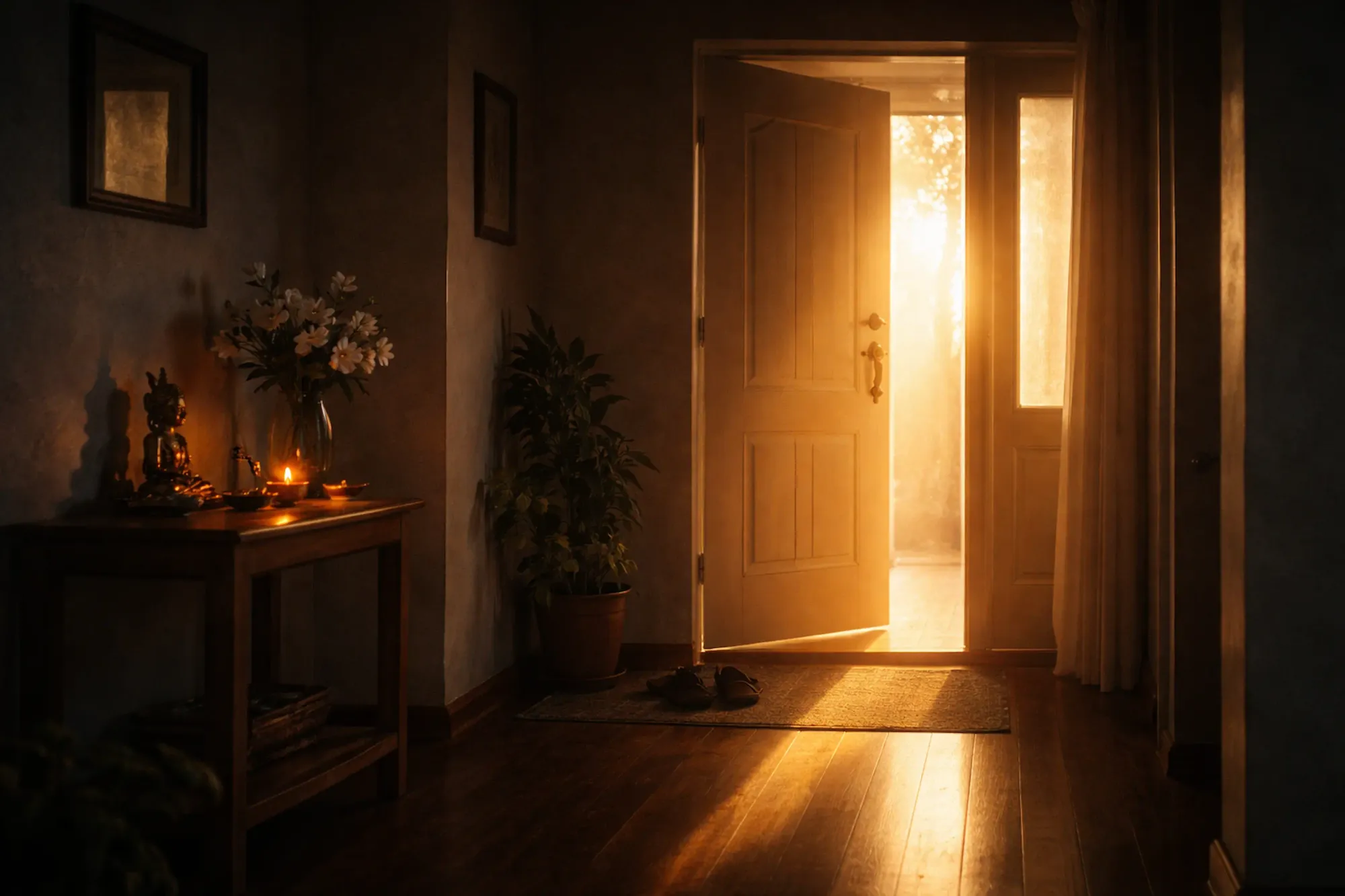 Golden light entering through an open doorway in a quiet home, symbolizing divine arrival and readiness.