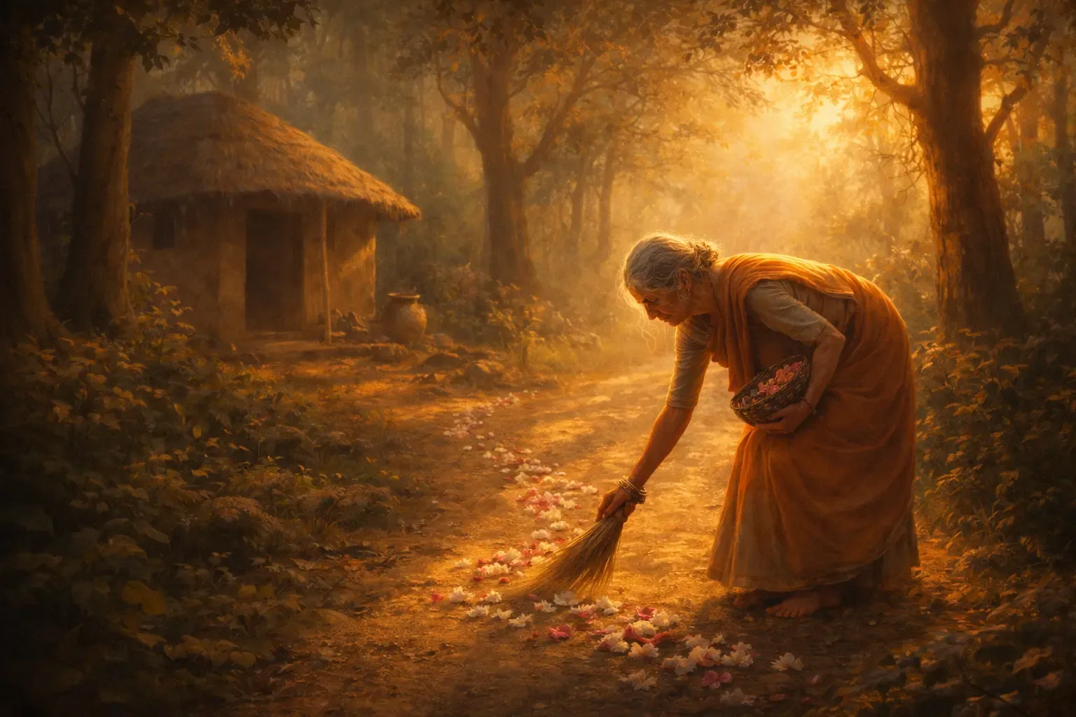 Shabari sweeping a forest path and placing flowers near her hut, preparing daily for Lord Ram’s arrival.