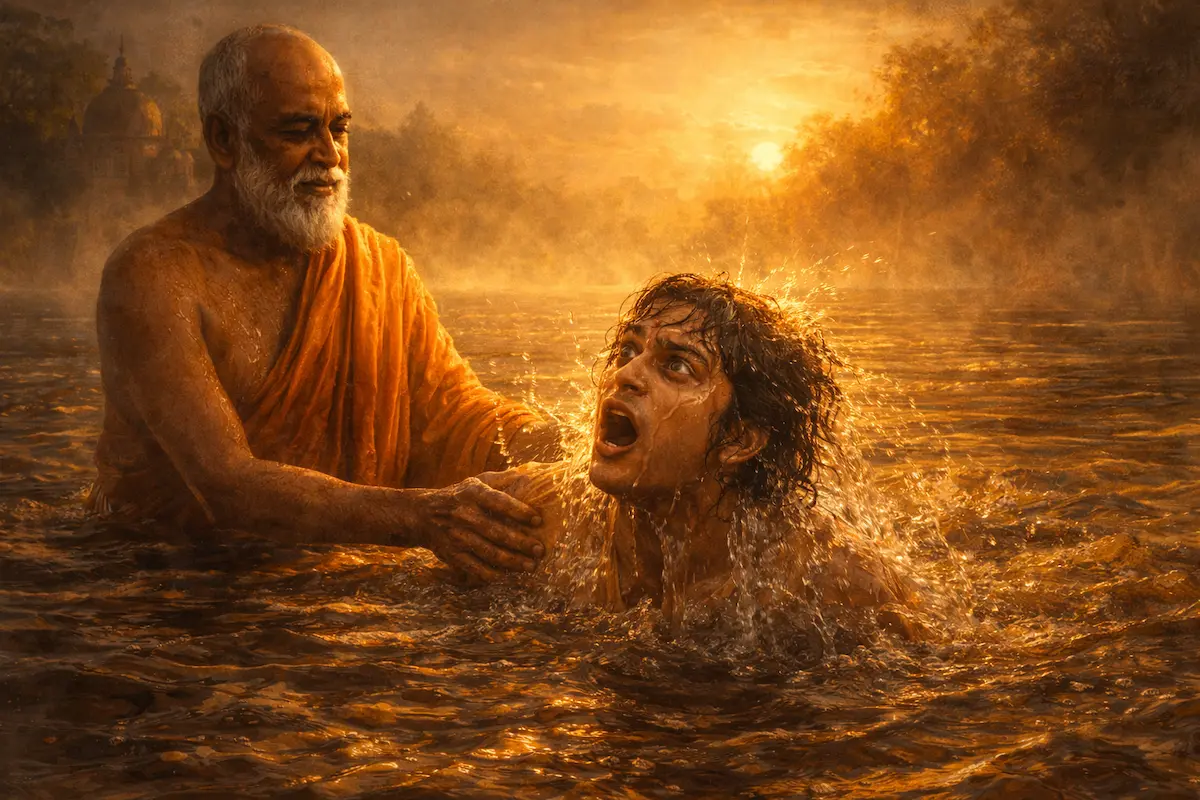 Person underwater reaching toward light above, symbolizing intense longing for God like the need for air.